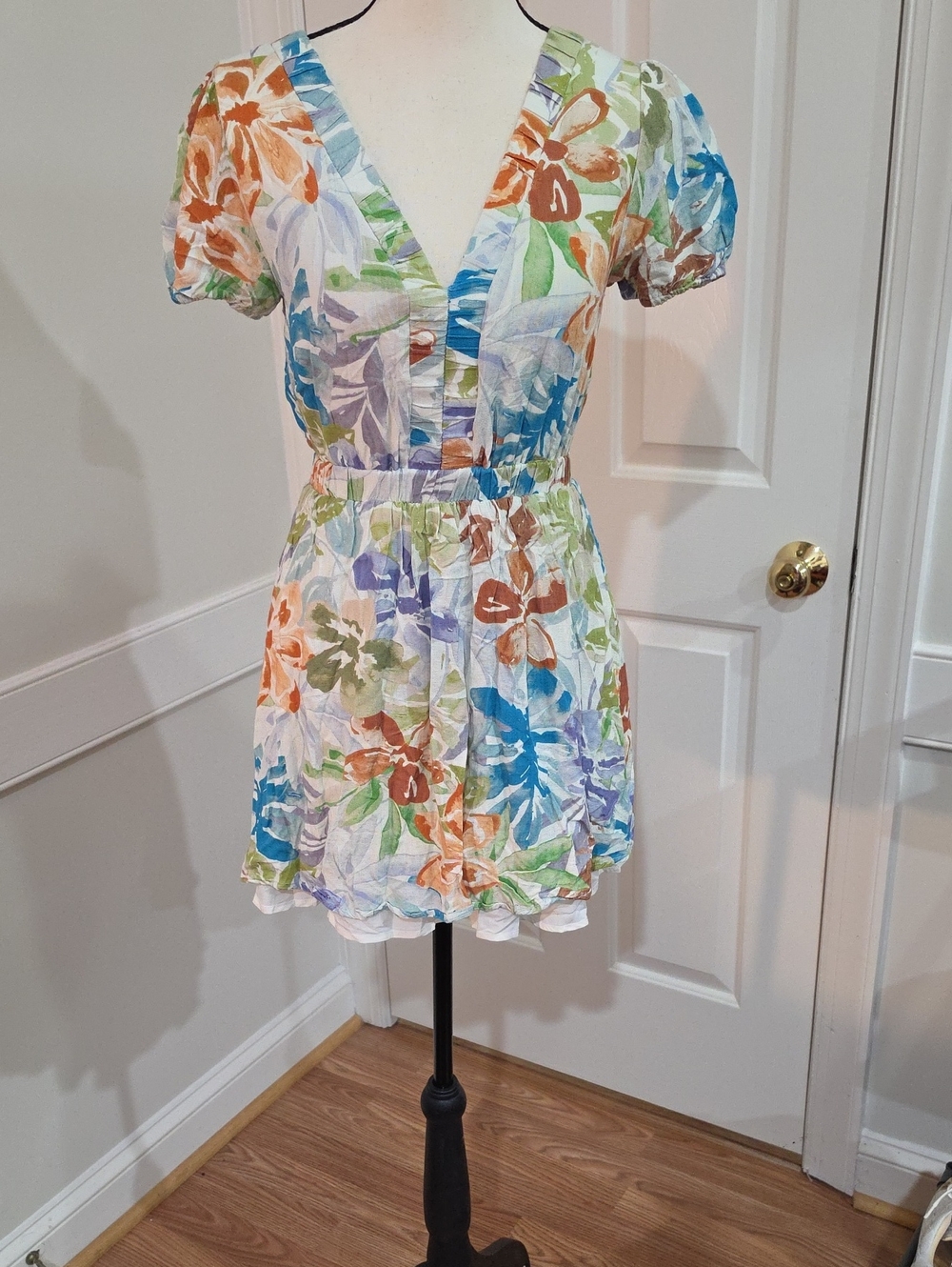 Sage Floral V-Neck Beach Club Mini Dress - Size XS